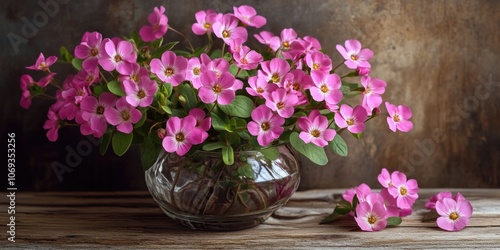 A decorative vase filled with pink flowers placed on a wooden table, ideal for home decor or event use