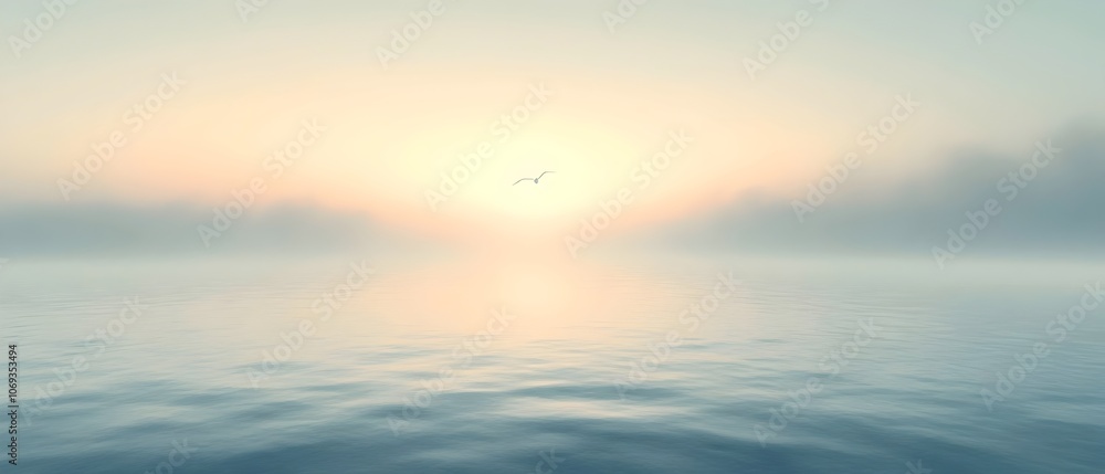 A tranquil scene of a serene ocean at sunrise, with gentle waves reflecting soft pastel hues of pink and blue, and a solitary bird gliding through the mist. A tranquil scene of a serene ocean at sunrise, with gentle waves reflecting soft pastel hues of pink and blue, and a solitary bird gliding through the mist.