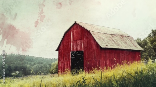 A rustic red barn stands in a green meadow, surrounded by wildflowers and trees