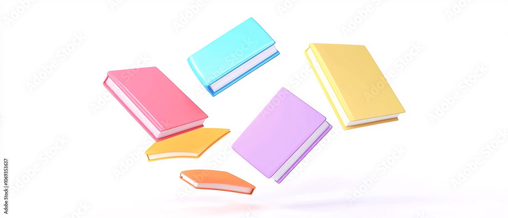 Colorful Books Floating in MidAir on White Background Colorful Books Floating in MidAir on White Background