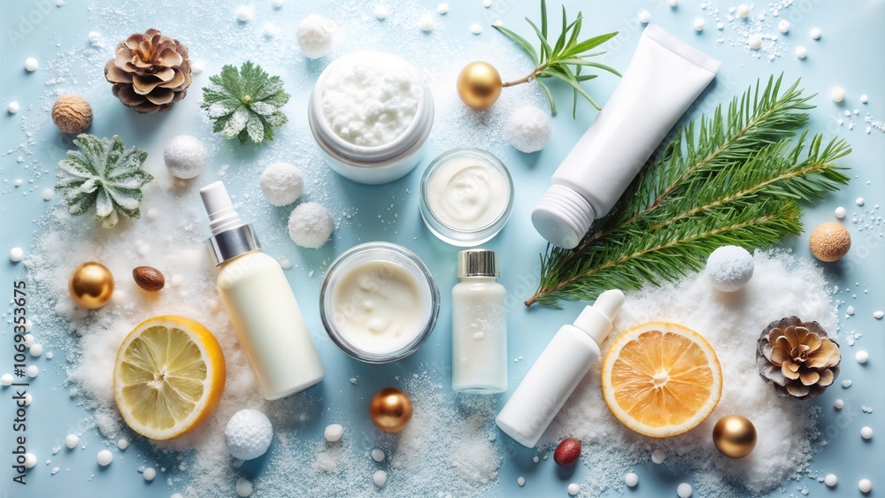 Winter skincare products arranged on blue background with natural ingredients and decorations Winter skincare products arranged on blue background with natural ingredients and decorations