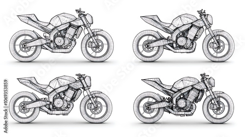 Wireframe generic and brandless motorbike in four view