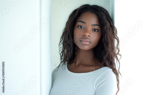 A young woman stands in front of a white background, perfect for portraits or profiles