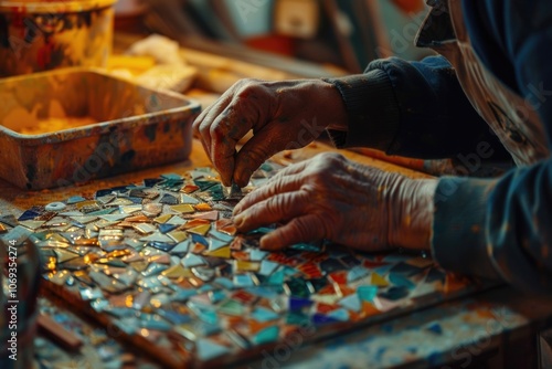 A close-up shot of an artist creating a beautiful mosaic piece, focusing on the details and intricacies of the artwork photo