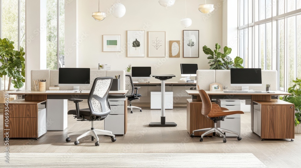 Modern Office Space with Multiple Desks, White and Wood Accents, and Eames-Style Chair
Modern Office Space with Multiple Desks, White and Wood Accents, and Eames-Style Chair