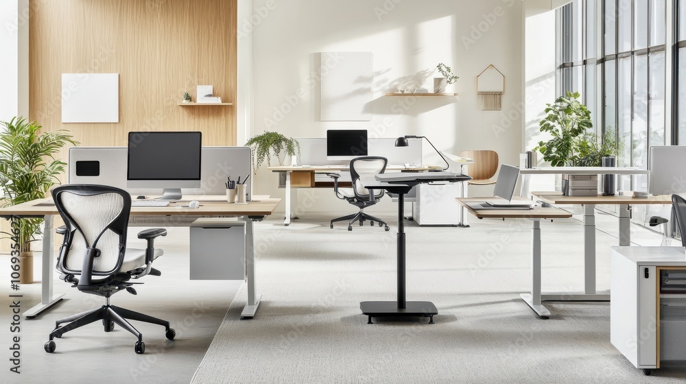 Modern Office Space with Multiple Desks, White and Wood Accents, and Eames-Style Chair
Modern Office Space with Multiple Desks, White and Wood Accents, and Eames-Style Chair
