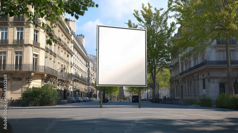 Street banner mockup PSD. Blank billboard in empty European city square with trees Street banner mockup PSD. Blank billboard in empty European city square with trees