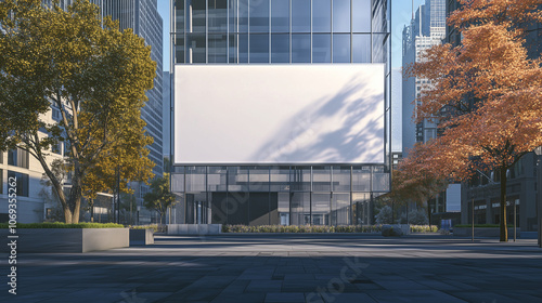 Street banner mockup PSD. Blank billboard on glass building in urban plaza with autumn trees