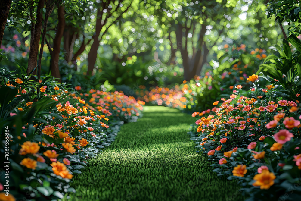 Fototapeta premium A tranquil garden filled with vibrant flowers and lush greenery creates a sense of peace and natural beauty. Concept of beauty in nature.