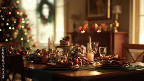 Aesthetic composition of warm dining room interior with table

 photo