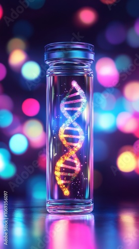 Glass jar with glowing dna spiral inside colorful bokeh background. science and genetics concept