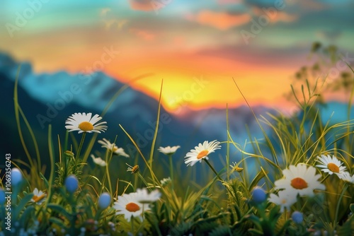 A beautiful field of flowers against a warm sunset backdrop photo