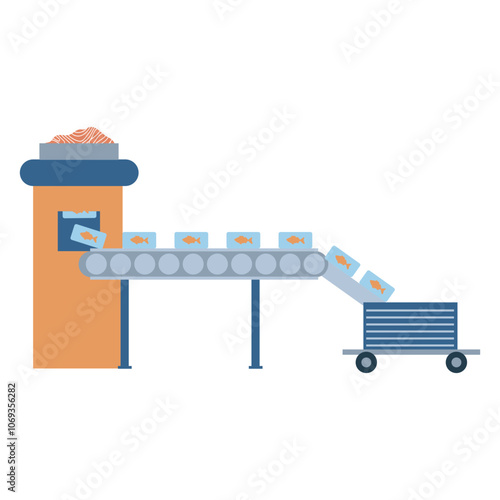 Fish industry in flat design. Canned tuna at conveyor line machine. Vector illustration isolated.