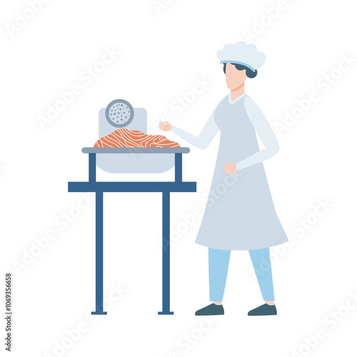 Fish industry in flat design. Operator cooking salmon mince at factory machine. Vector illustration isolated.