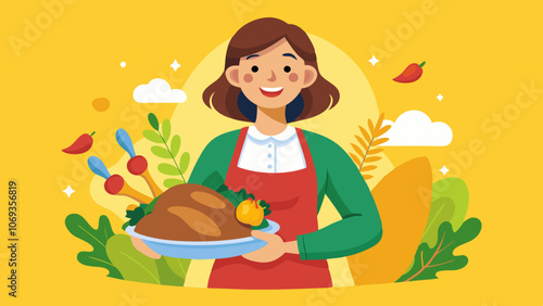 Smiling Woman Holding Thanksgiving Turkey on Yellow Background. Smiling Woman Holding a Roasted Turkey with Fresh Ingredients 