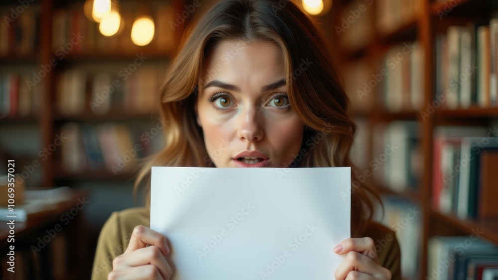 Curious woman holding a blank paper in a library setting, great for educational or personal branding with a sense of mystery and creativity. Curious woman holding a blank paper in a library setting, great for educational or personal branding with a sense of mystery and creativity.