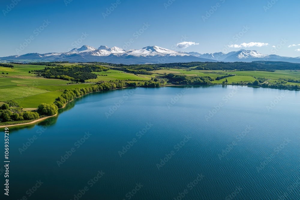 A serene mountain lake surrounded by towering peaks and lush vegetation A serene mountain lake surrounded by towering peaks and lush vegetation