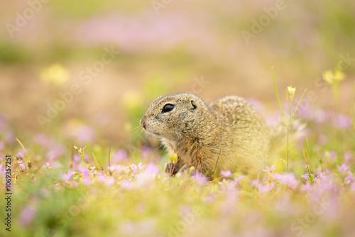 European ground squirrel in the flowering grass. Spermophilus citellus Wildlife scene from nature. Ground squirrel on blossom meadow. Czech republic