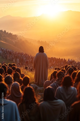 An inspiring scene of Jesus delivering the Beatitudes on a sunlit hillside, surrounded by a diverse crowd listening intently, as gentle breezes rustle through the grass, creating an atmosphere of peac photo