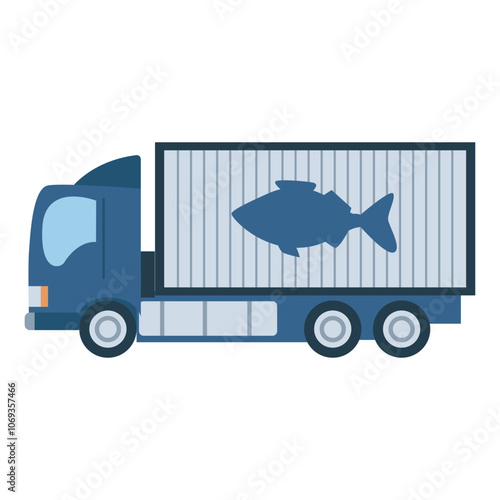 Fish industry in flat design. Commercial refrigerator truck transportation. Vector illustration isolated.