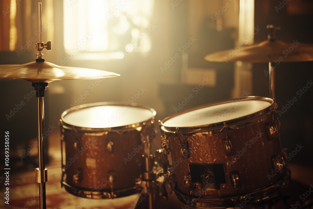 A close-up view of a drum set in a room, ideal for music-related projects or promotional materials A close-up view of a drum set in a room, ideal for music-related projects or promotional materials