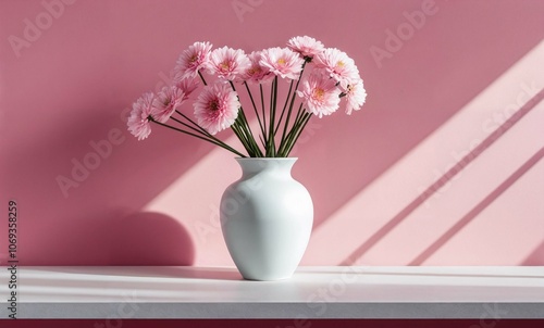 A white vase with pink flowers against a pink background