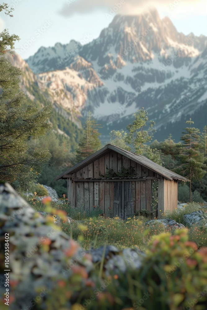 Fototapeta premium A small cabin situated in the midst of a mountain landscape