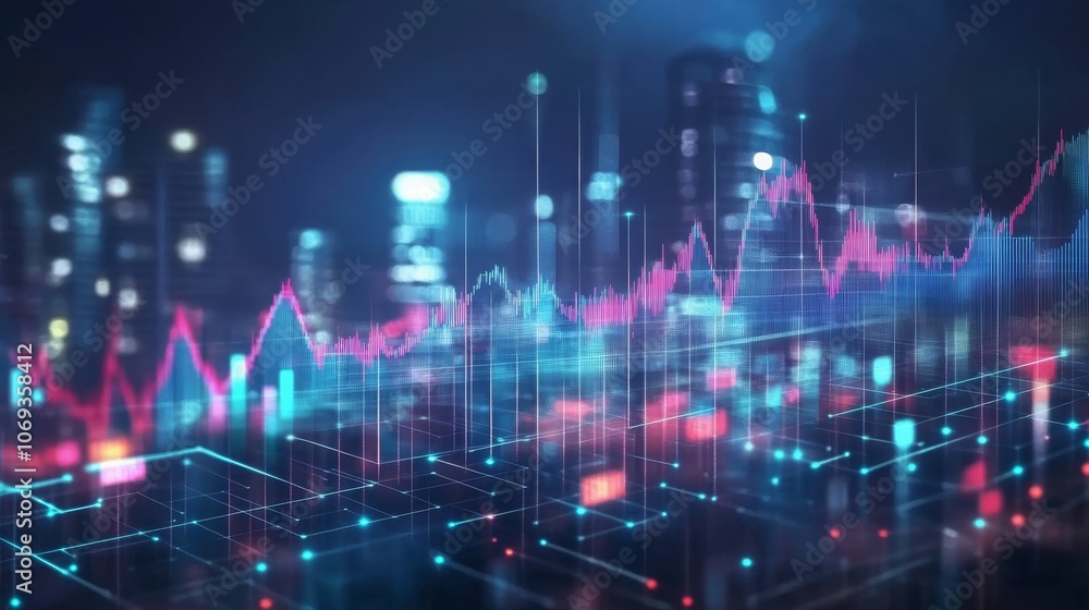 Obraz premium Business analytics data visualization over a futuristic cityscape.