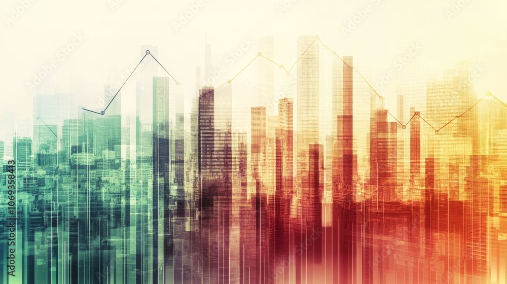 Business analytics data visualization over a futuristic cityscape.