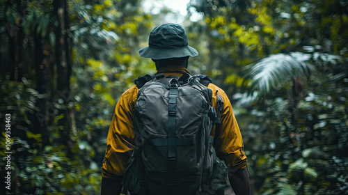 Fototapeta Naklejka Na Ścianę i Meble -  Exploring the lush green jungle with a backpack and hat