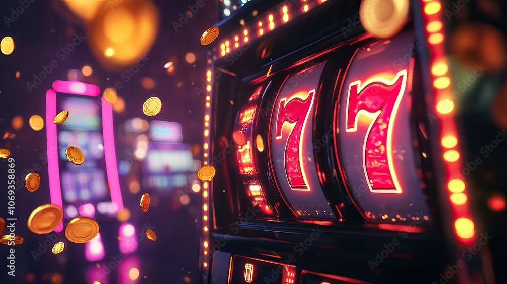 Slot machine with glowing jackpot icons and flying coins, Casino AI generated image Slot machine with glowing jackpot icons and flying coins, Casino AI generated image