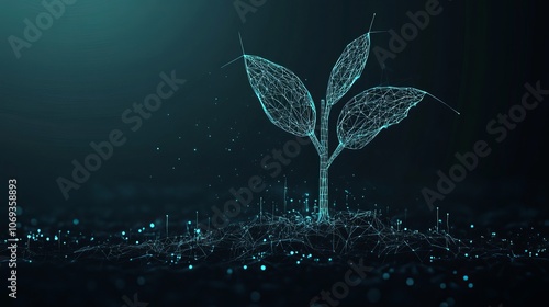 Young plant breaking through digital soil in a futuristic style symbolizing resilience and growth Wireframe illustration on a dark night background with light effects