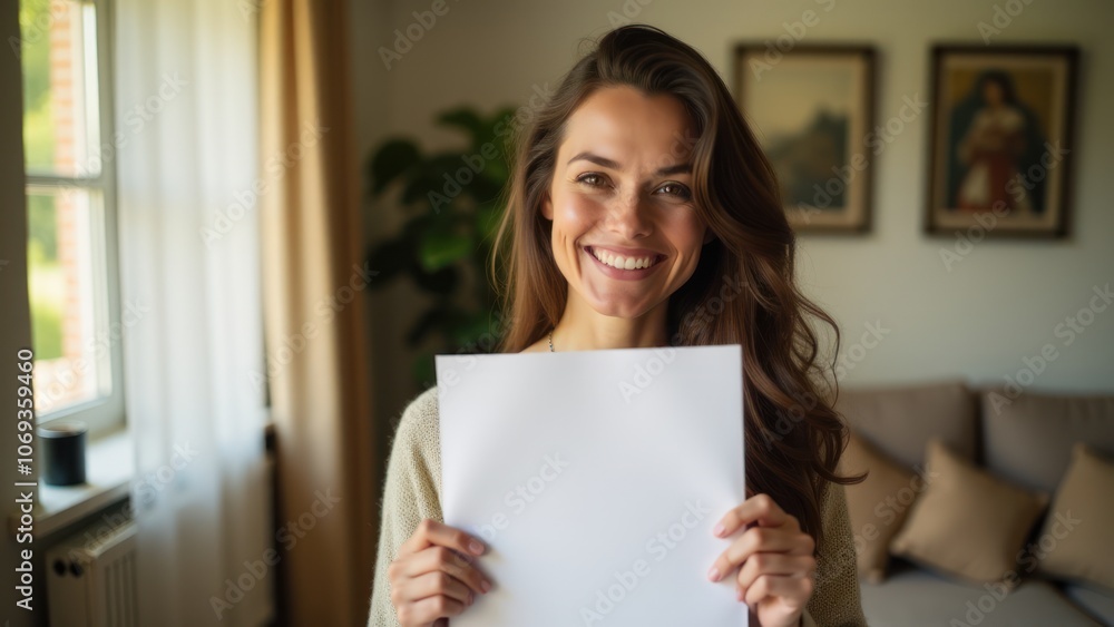 Cheerful woman holding blank paper in a bright, cozy room, ideal for branding, customizable messages, or lifestyle content with a warm vibe. Cheerful woman holding blank paper in a bright, cozy room, ideal for branding, customizable messages, or lifestyle content with a warm vibe.