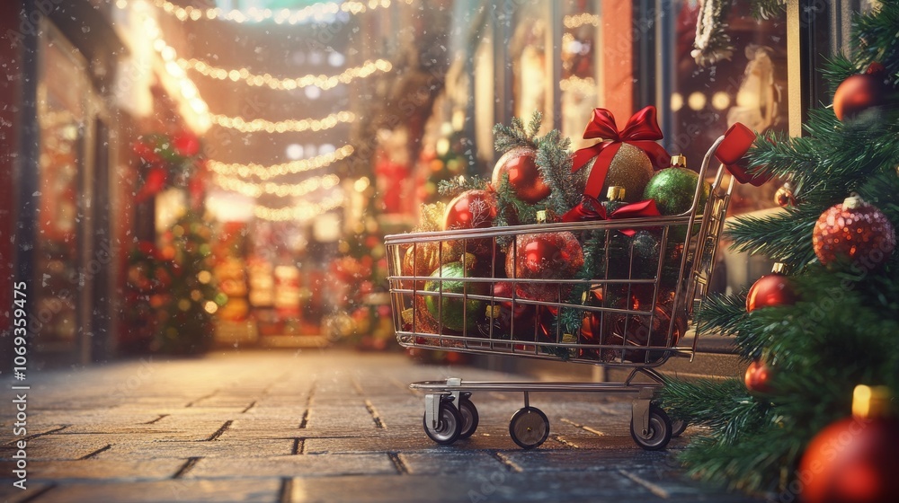 Fototapeta premium Christmas shopping scene with a cart full of festive decoration