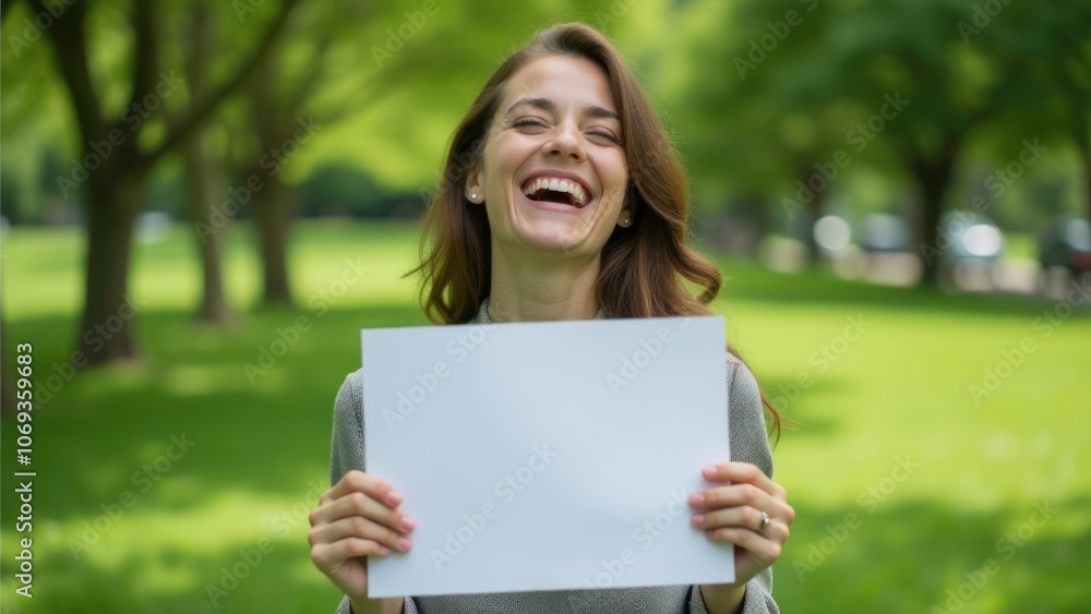 Joyful woman with blank paper in a lush green park, perfect for customizable lifestyle content, natural branding, or outdoor messages. Joyful woman with blank paper in a lush green park, perfect for customizable lifestyle content, natural branding, or outdoor messages.