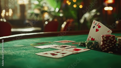 Poker table with cards and stacked chips in a green setting. Casino Background AI generated image photo