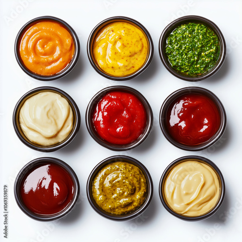 A vibrant array of colorful sauces in small bowls arranged neatly