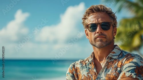 Fototapeta Naklejka Na Ścianę i Meble -  Smiling man in tropical shirt enjoying sunny walk on the beach