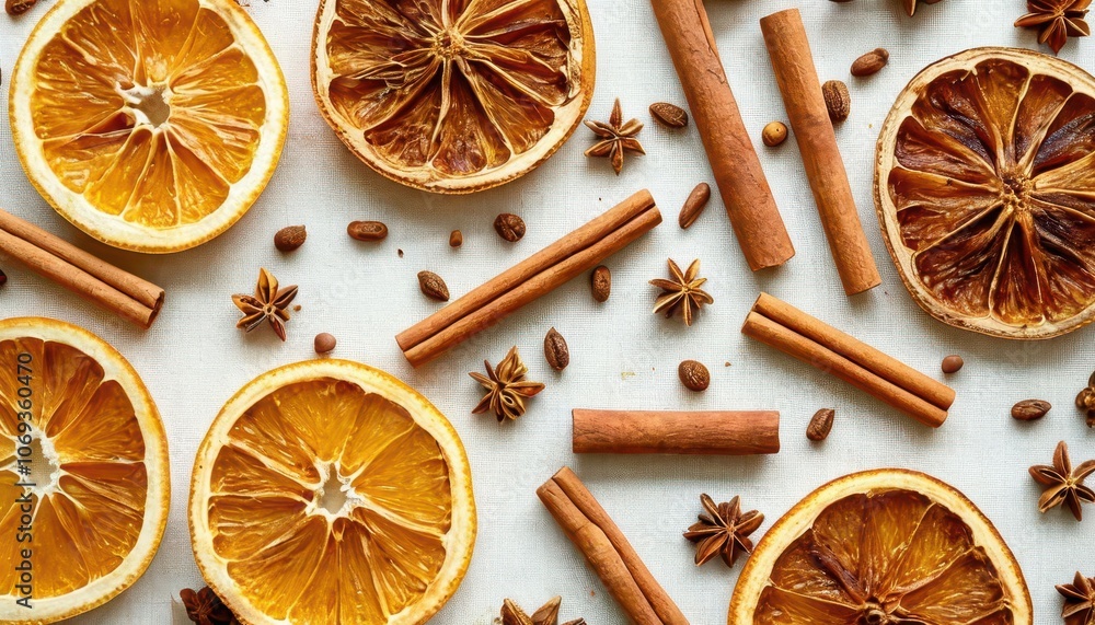 Dried oranges and cinnamon sticks against white fabric - scents and coziness. Dried oranges and cinnamon sticks against white fabric - scents and coziness.