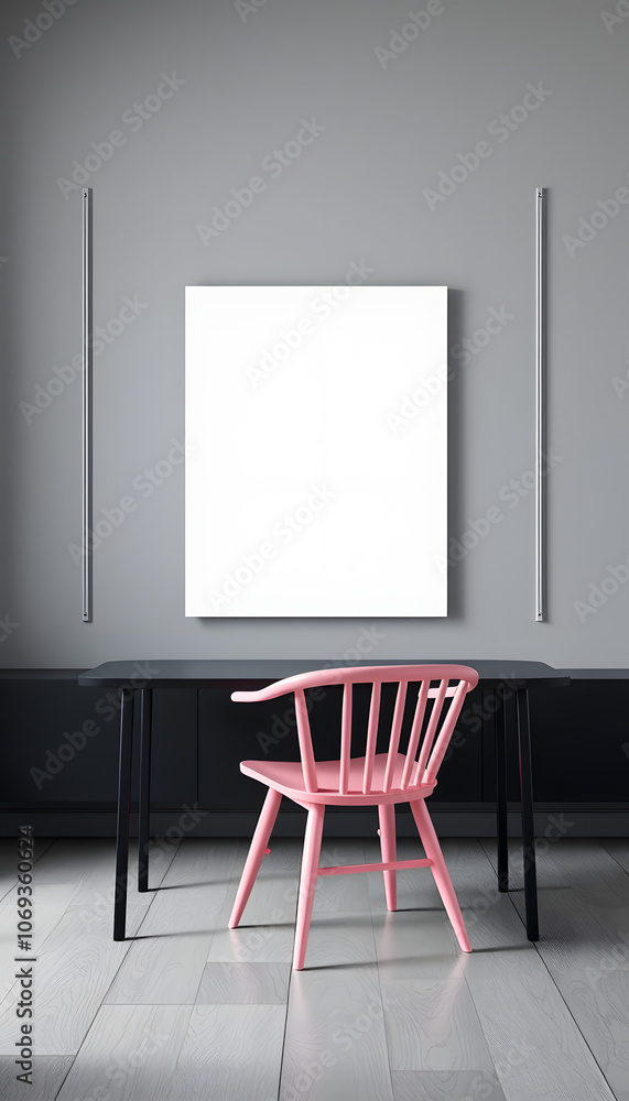 Pink wooden chair at black table in grey living room interior with mockup of empty poster isolated with white highlights, png Pink wooden chair at black table in grey living room interior with mockup of empty poster isolated with white highlights, png