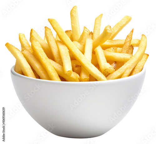 A bowl of golden brown, crispy french fries. Perfect for a fast food or snack food image.