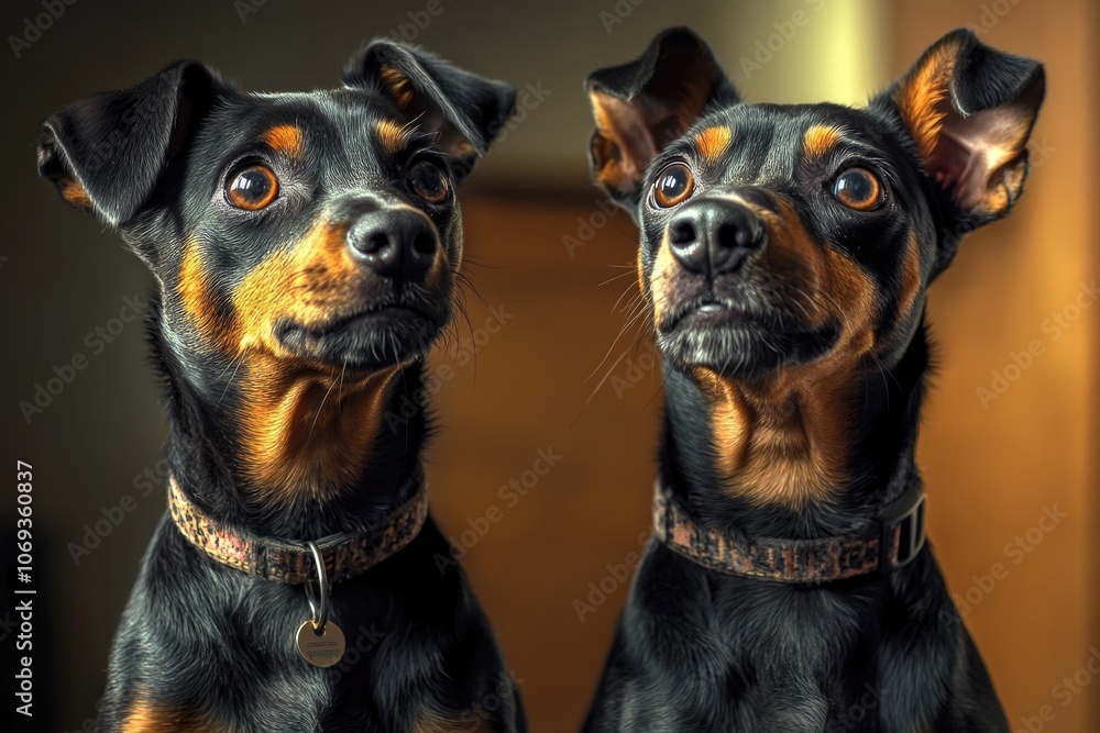 A pair of canine companions stand side by side, possibly friends or siblings A pair of canine companions stand side by side, possibly friends or siblings