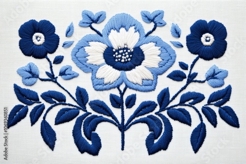 Beautiful blue and white Scandinavian embroidery featuring symmetrical floral and leaf motifs in a folk art style photo