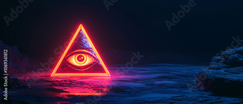 AllSeeing Eye in Neon Triangle  Abstract Digital Art photo