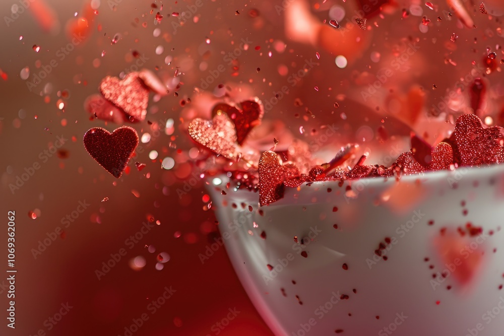 A white ceramic bowl filled with many small red hearts, often used as a decoration or gift A white ceramic bowl filled with many small red hearts, often used as a decoration or gift