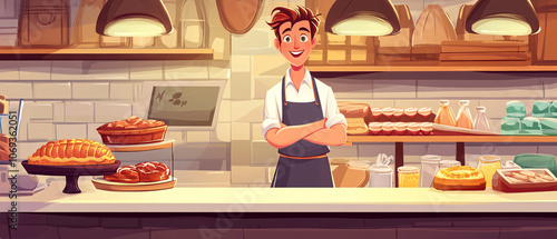 Smiling Baker Standing Behind Counter in Bakery Shop with Freshly Baked Bread and Pastries, Smiling Baker Standing Behind Counter in Bakery Shop with Freshl photo