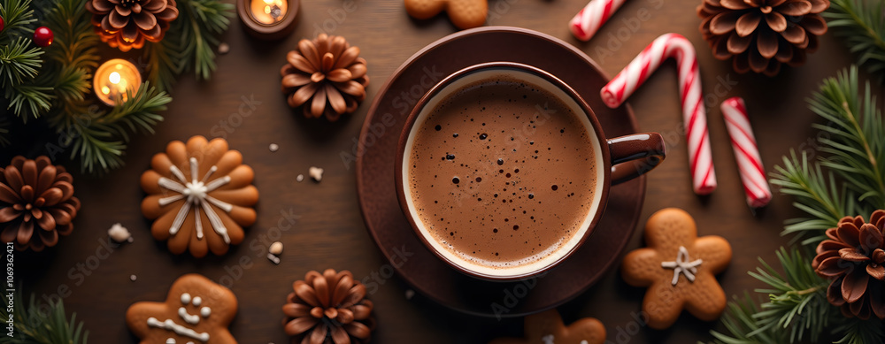 Cozy warmth: hot chocolate amidst festive gingerbread and christmas decor Cozy warmth: hot chocolate amidst festive gingerbread and christmas decor