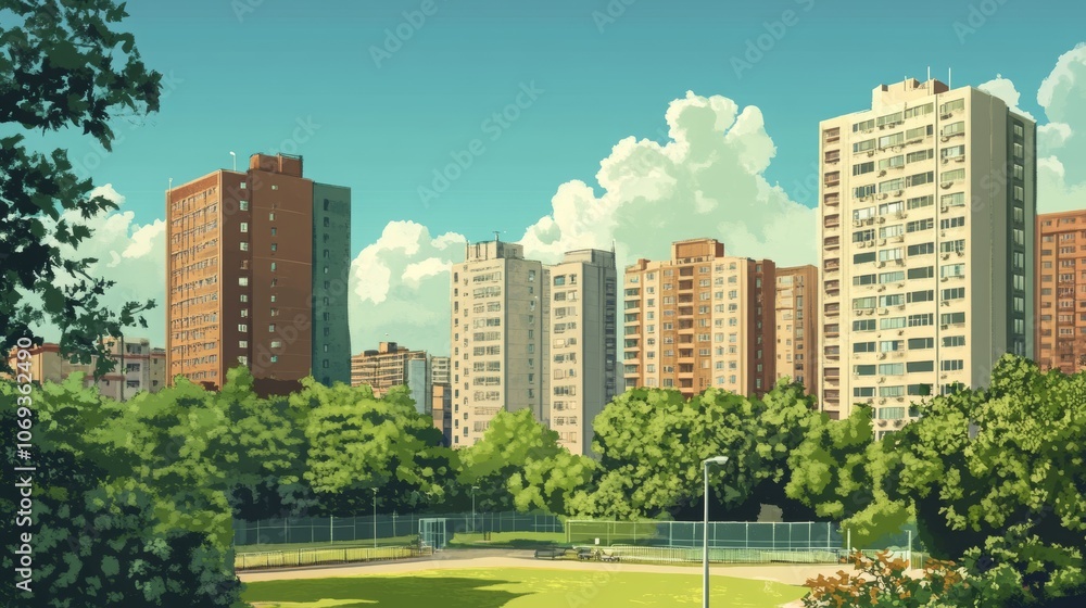 Obraz premium Urban city vector art; cityscape with apartment buildings, school, and park