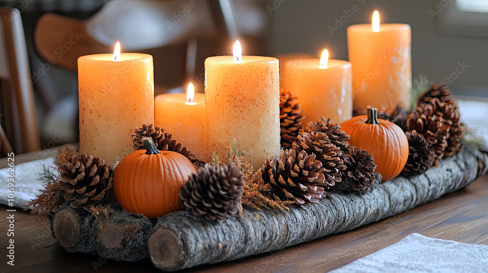 Autumn centerpiece with candles, pumpkins, and pinecones for festive decor Autumn centerpiece with candles, pumpkins, and pinecones for festive decor