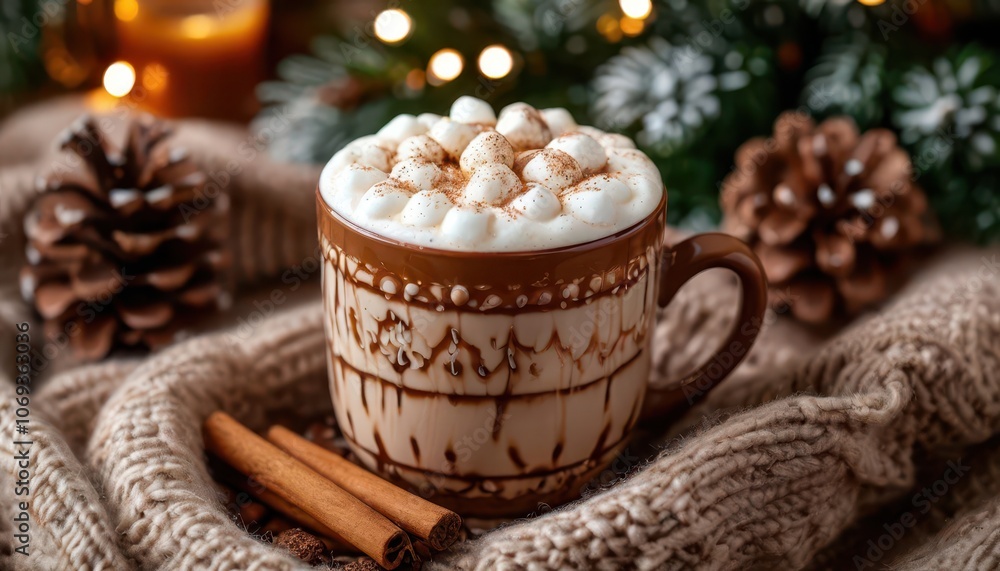 A cup of hot cocoa with marshmallow and cinnamon - cup against a background of warm plaid and fir branches, cozy winter atmosphere, Christmas. A cup of hot cocoa with marshmallow and cinnamon - cup against a background of warm plaid and fir branches, cozy winter atmosphere, Christmas.